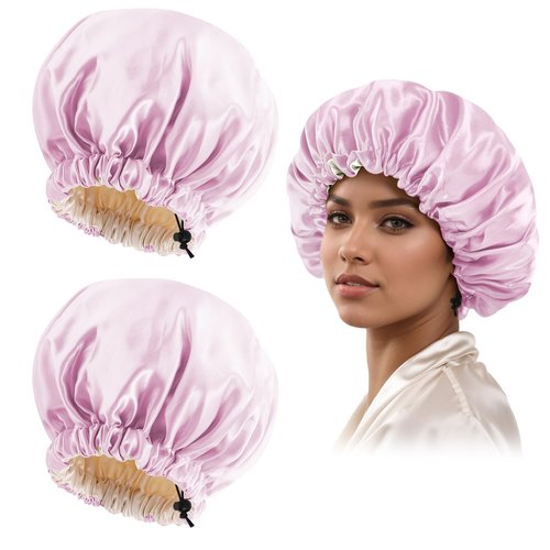 Satin Bonnet Silk Bonnet for Curly Hair Bonnet Braid Bonnet for Sleeping Bonnets for Women Large Double-Layer Adjustable(2Pcs Pink)
