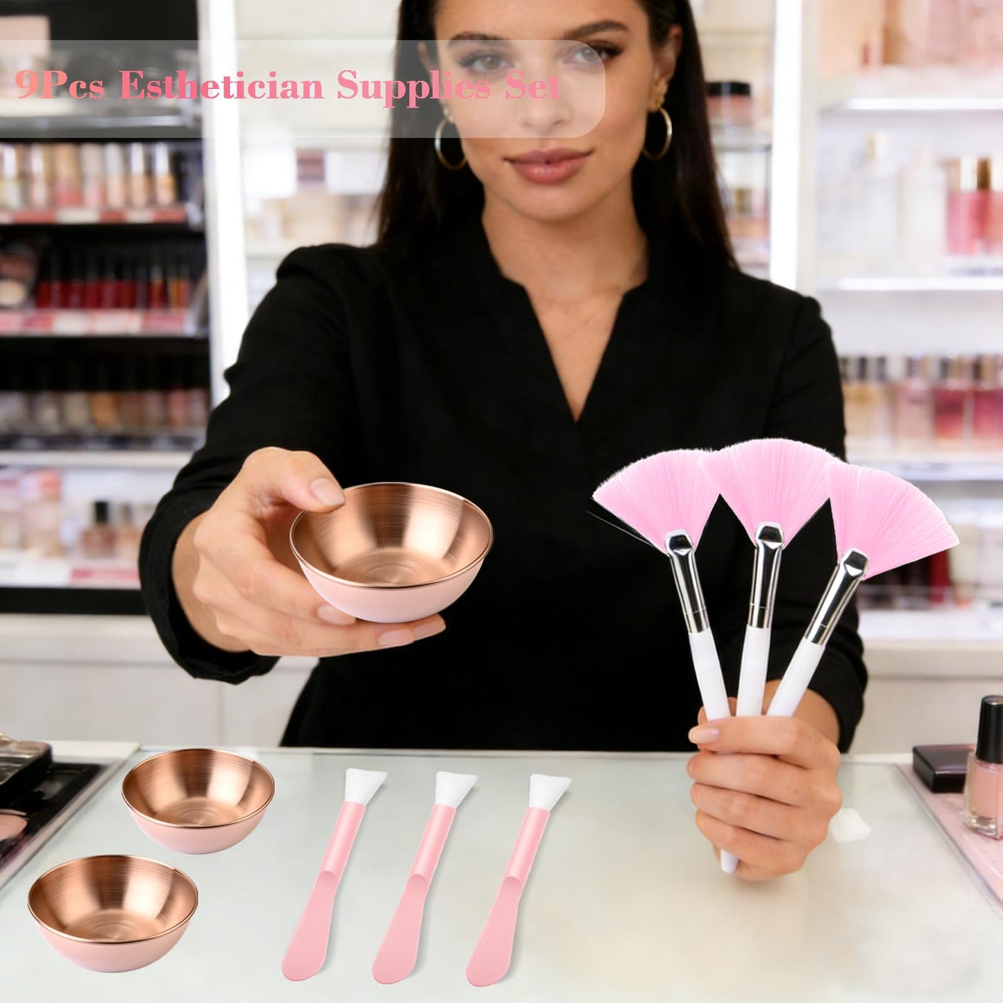 YBSAHLYY 9Pcs Esthetician Supplies kit - 3 Mask Mixing Bowls , 3 Fan Esthetician Brushes & 3 Mask Brushes for Sleepover & Spa Night Celebrations (Rose Gold)