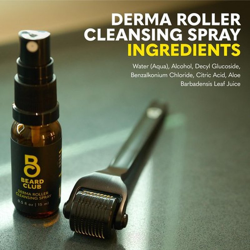 The Beard Club Beard Roller with Cleansing Spray & Replacement Head - 0.3mm Titanium Coated Needles, 3 Count