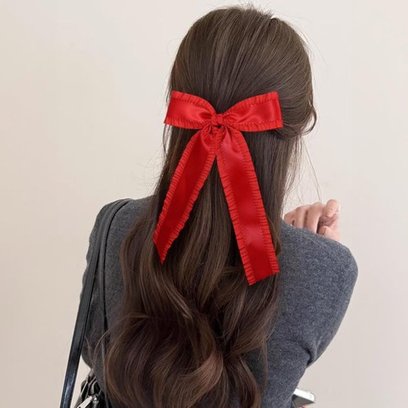2Pack Hair Bows for Women Girls, Big Silky Satin Ruffle Tassel Hair Ribbon Bowknot Hair Clips Barrettes Wedding Hair Accessories for Bridal with Long Tail Set Red,Antique Blue