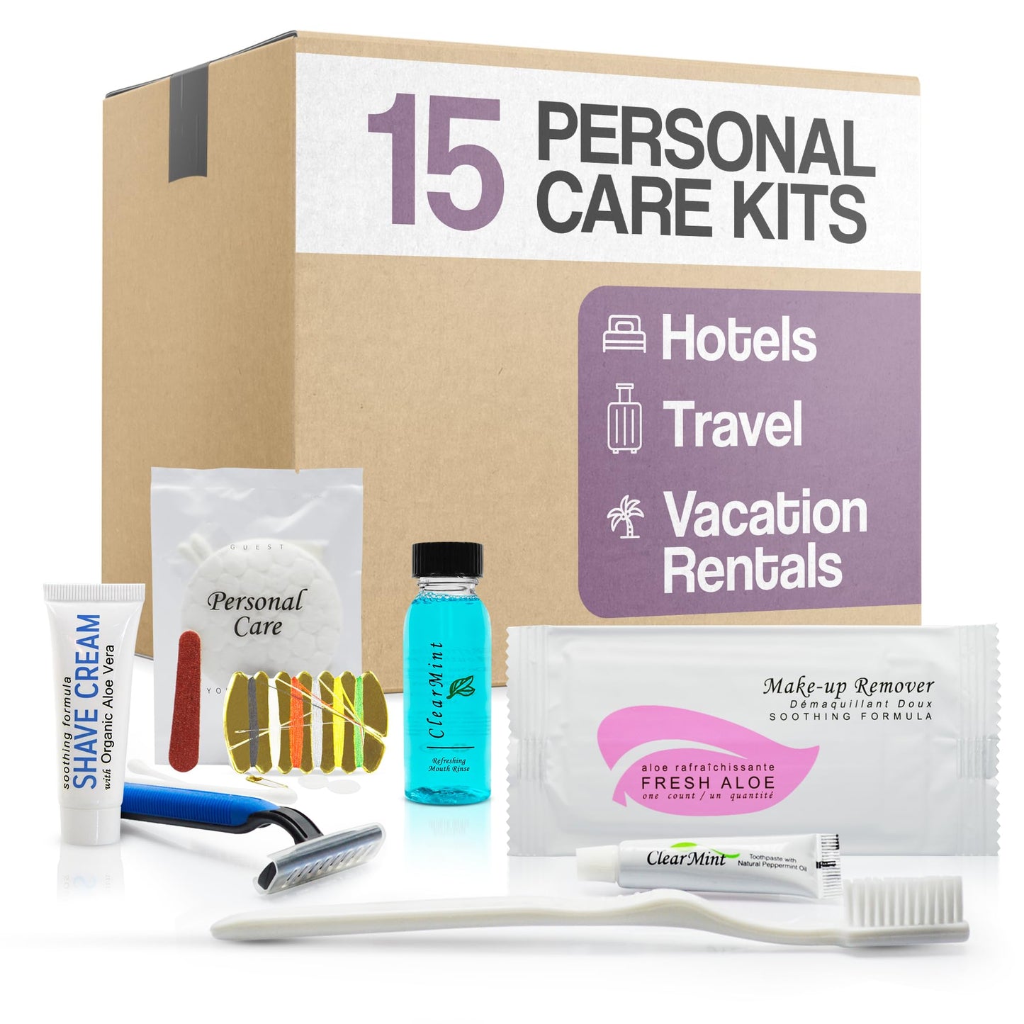 Personal Care Travel Toiletries | 1-Shoppe Amenities Kit | Travel Shaving Set, Toothbrush & Paste, Mouthwash, Makeup Wipes, Swabs, Nail File & Sewing Kit | 75 Pieces