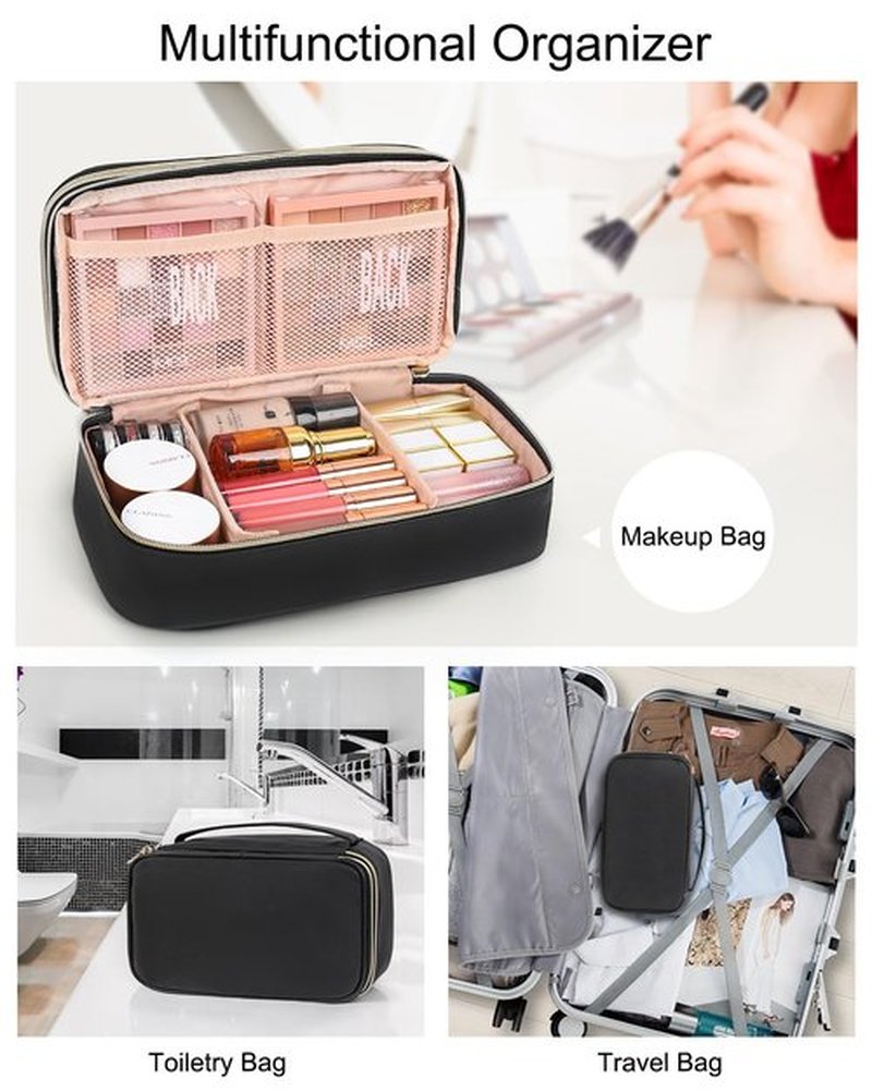 Relavel Large Makeup Bag, Cosmetic Bag with Dividers, 2 Layer Travel Makeup Organizer for Women, Black Makeup Purse Pouch with Brush Holder, Compact Capacity Handbag for Daily Use (Black)