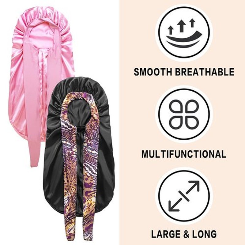 2Pack Bonnets for Black Women Braid Bonnet, Large Long Bonnet Satin Bonnet for Braids,Black Women Silk Bonnet with Stretchy Tie Band Braid Bonnet for Sleeping Extra Long (Pink &Black Dark Pattern