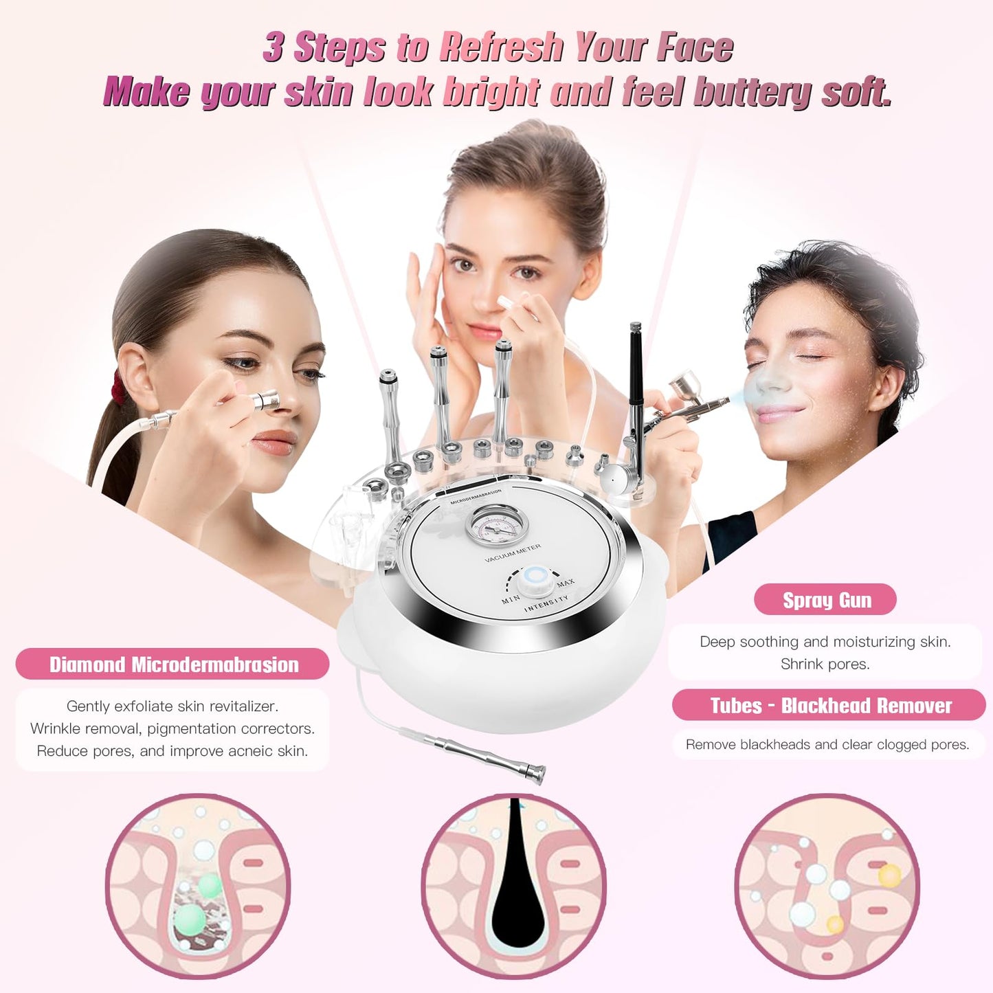 3 in 1 Diamond Machine, TopDirect Facial Skin Care Salon Equipment Beauty Device with Spray Gun (Strong Suction Power: 65-68cmhg)