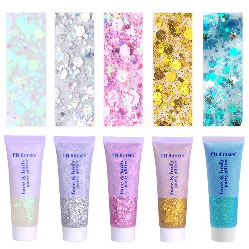 Face Body Glitter, Hair Glitter Sparkles Chunky Body Face Glitter Gel for Girls Makeup Singer Concerts Mermaid (White+Silver+Pink+Gold+Light Blue)