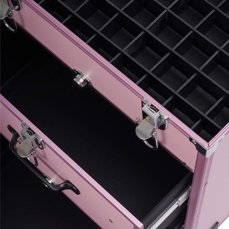 Rolling Makeup Train Case Professional Cosmetic Organizer Trolley with Drawers Compartment Nail Case Wheeled Manicure Pedicure Storage Case for Hair Stylists Makeup Artists (Light Pink & Silver)