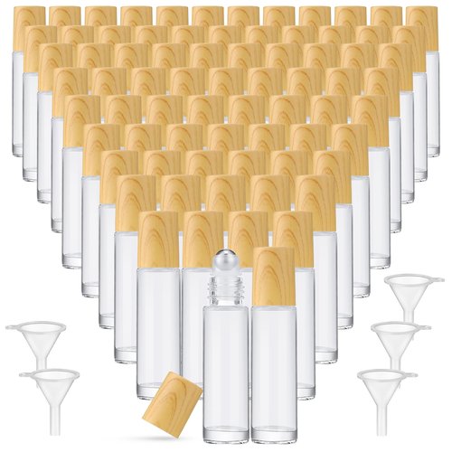 Sumind 150 Pcs Essential Oil Roller Bottles 10 ml Glass Roller Bottles with Stainless Steel Roller Balls Empty Bottles Leak Proof Roll on Bottles with 5 Funnel for Travel Essential Oil (Clear, Wood)