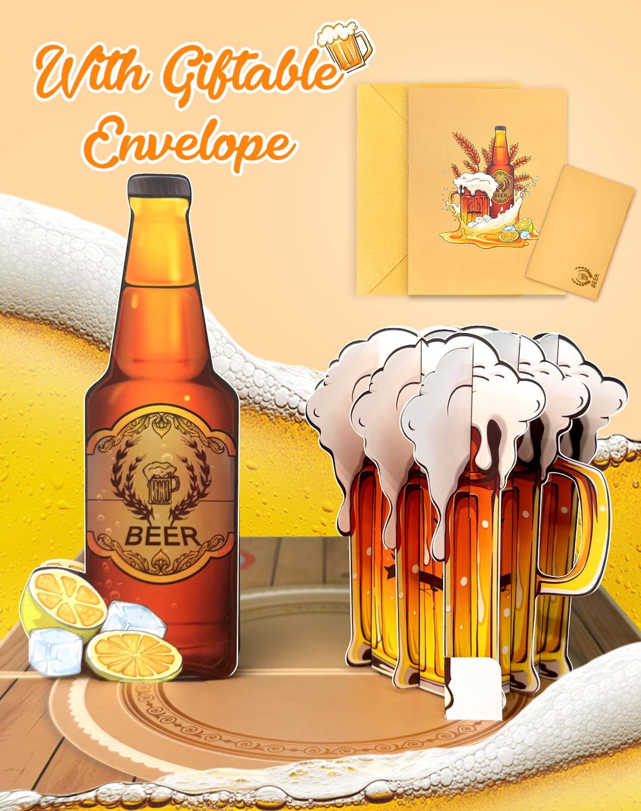 Coralogo Beer Pop up Cards with Envelope - 3D Birthday Cards with Blank Note for Men Husband Boyfriend Uncle Grandpa, Cheers Bday Gift for Father's Day Retirement All Occasion from Wife Girlfriend