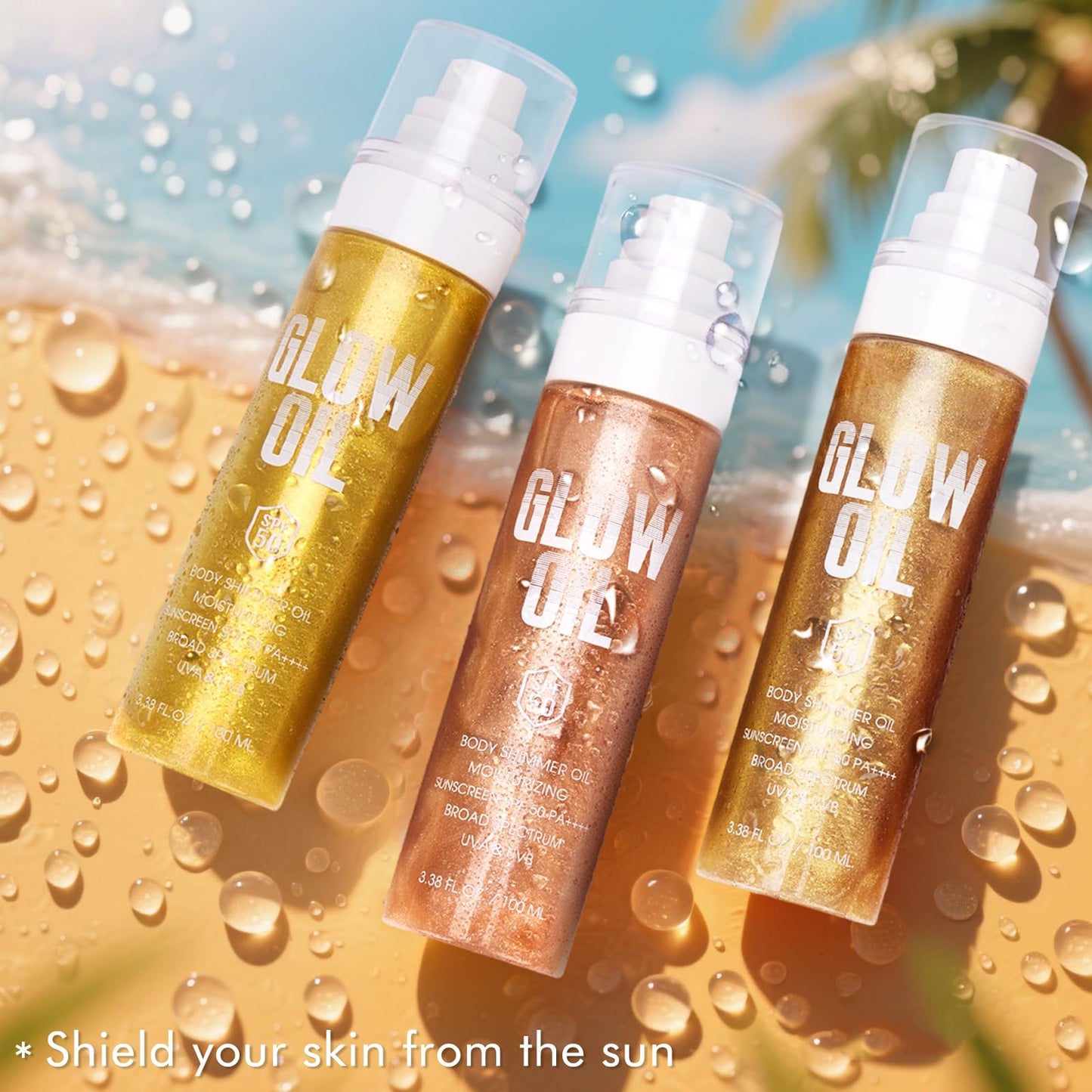 Body Glow Oil, Broad Spectrum SPF 50, Glitter Shimmer Sunscreen Body Oil Lotion with Sequin Mica, Lightweight Non-Sticky Moisturizer with Coconut, Skin Illuminator Glowing Results (03# Gold)