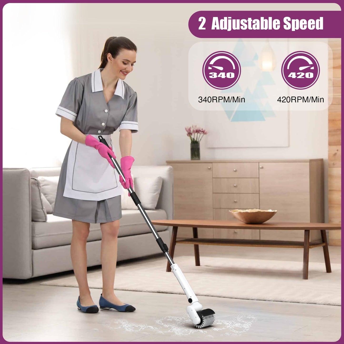 LHPY Electric Spin Scrubber, 2025 New Roller Type IPX7 Waterproof Bathroom Cleaner Brush, Shower Scrubber with Long Handle & 2 Speed, Heads Replacement, Cleaning Supplies for Tub Shower Tile Floor