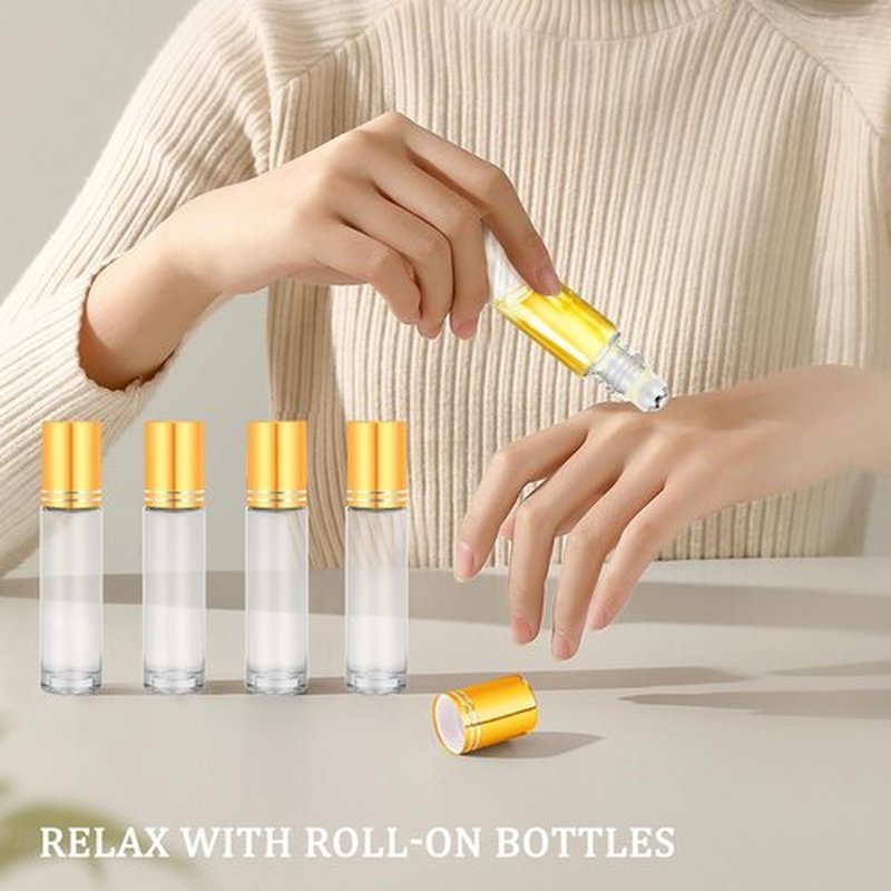 10ml Clear Glass Essential Oil Roller Bottles, Refillable Roll on Bottles with Gold Caps for Castor Travel, 4 Pack Roller Bottles for Essential Oils, Perfume Rollerball Empty