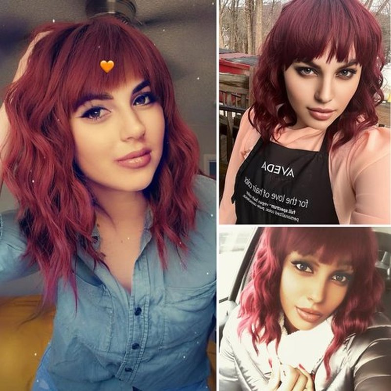 BERON 14 Inches Red Wig Short Curly Wig Wine Red Wigs with Bangs for Women Girl's Synthetic Wig with Wig Cap