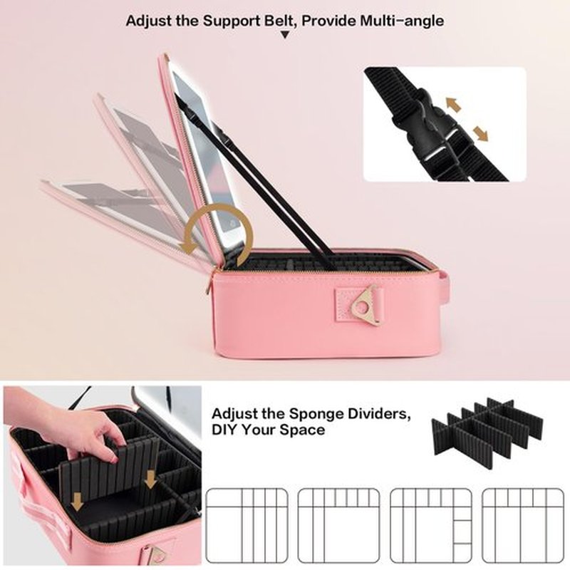 15“×11“ Large Pink Makeup Bag with Mirror, Personal Item Travel Bag with Makeup Mirror 3 Lights, Waterproof Train Case with Mirror and Light Adjustable Dividers,Large Professional Lighted Makeup Case