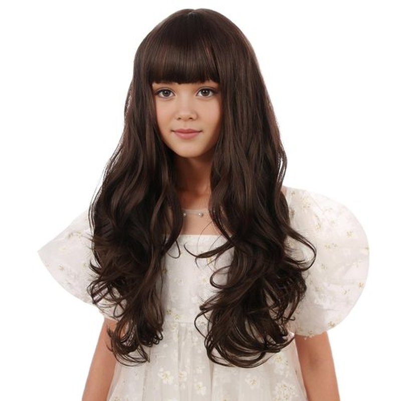 Edivd Kids Mixed Brown Wig Long Dark Brown Wig with Flat Bangs for Child Girls Long Brown Wavy Curly Wig Heat Resistant Synthetic Wig with Wig Cap