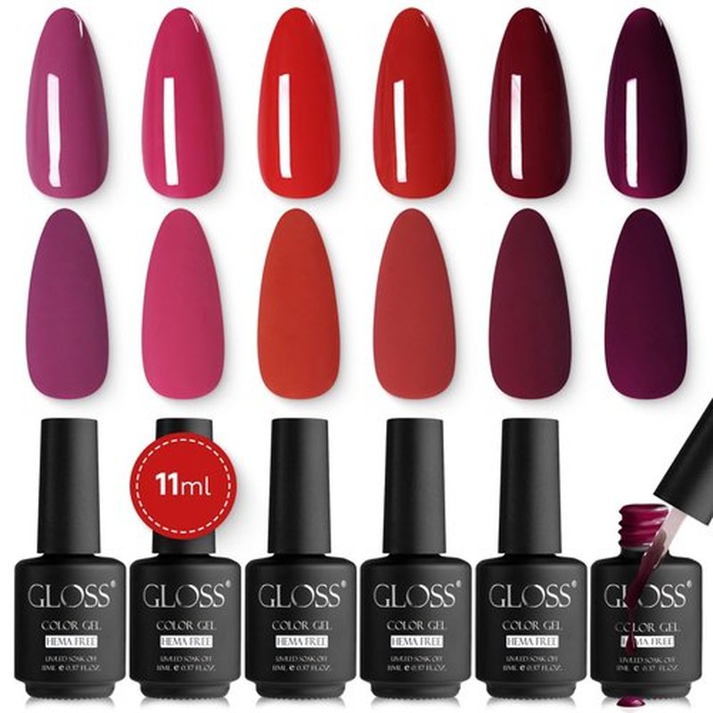 GLOSS HEMA Free Gel Polish Set | 6 Pcs Red Gel Nail Polish with Raspberry, Maroon, Ruby, Red, Burgundy, & Red Wine Colors, Soak off UV LED Gel Polish, Manicure at Home, Gel Nail Art Gifts for Women