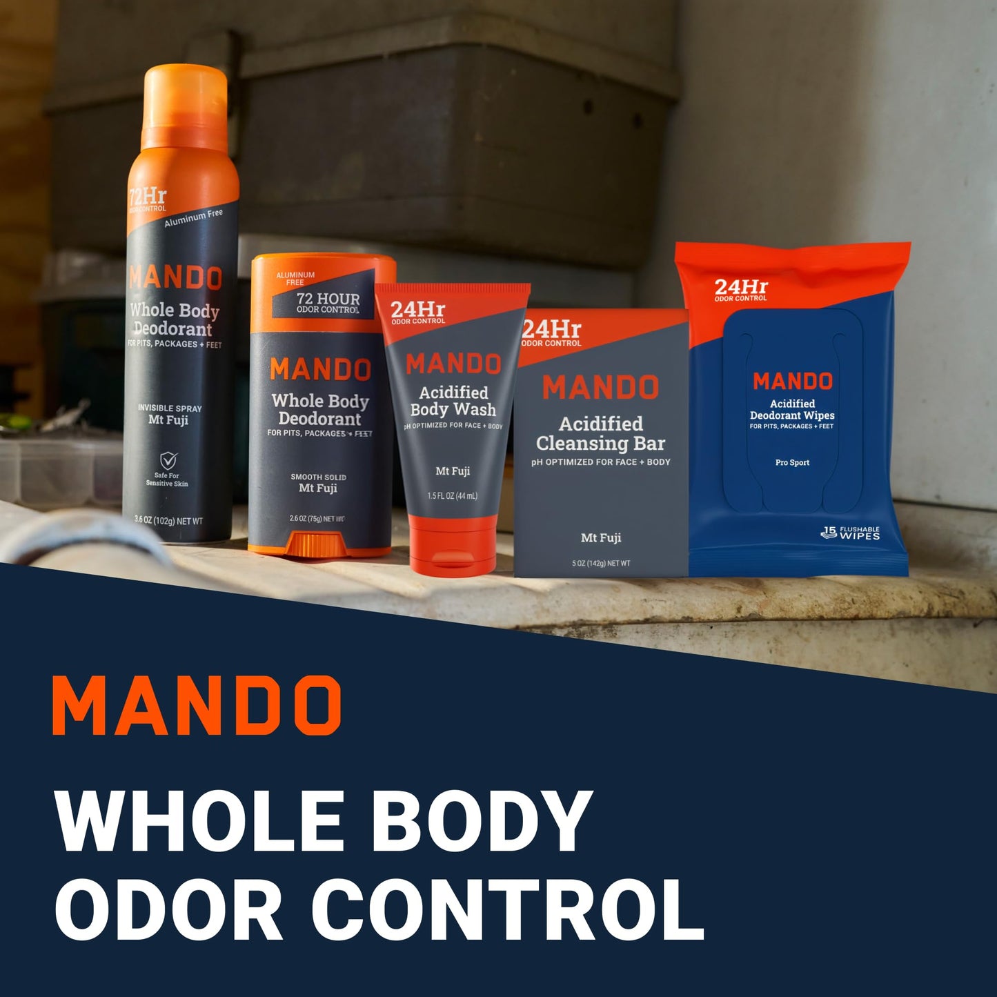 Mando Whole Body Starter Kit - 2.6 oz Solid Stick, 3.6 oz Spray, 1.5 oz Acidified Body Wash, 5 oz Acidified Cleansing Bar, 15 ct Deodorant Wipes - Aluminum Free Odor Control - 5 Piece Bundle (Mt Fuji)