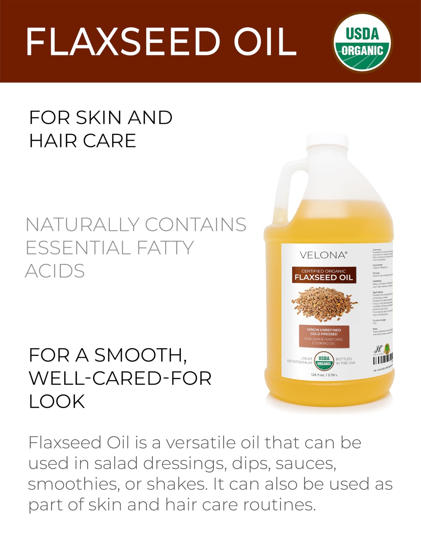 velona USDA Certified Organic Flaxseed Oil - 64 Fl Oz | 100% Pure and Natural Carrier Oil | Unrefined, Cold Pressed |Body, Face & Skin Care | Use Today - Enjoy Results…