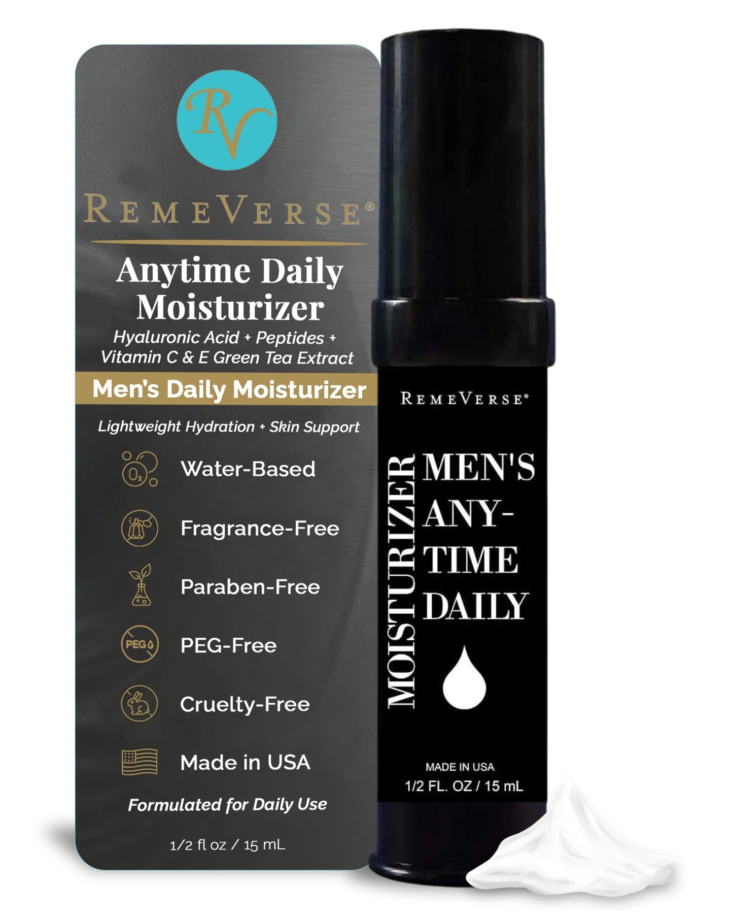 RemeVerse Men’s Anytime Daily Moisturizer with Hyaluronic Acid, Peptides, Vitamins C & E, Collagen, Green Tea - Smoothes & Hydrates Skin, Fragrance-Free, Water-Based, Youthful Care Formula - 15ml