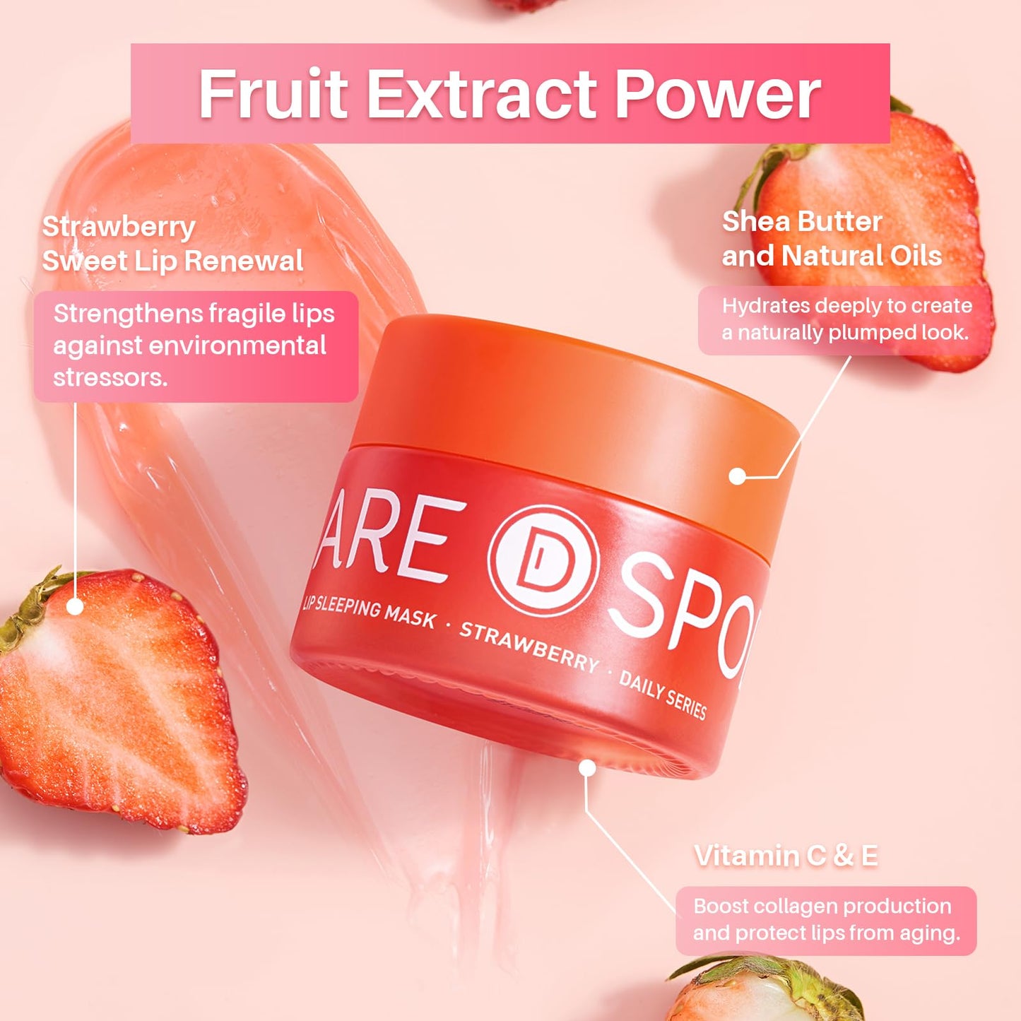 SPODARE Sleeping Lip Mask Strawberry - Overnight Lip Treatment, Lip Care Hydration, Repair for Dry Cracked Lips, Vitamin C, Soft and Nourished Lips Overnight, Christmas, with Shea Butter - 12g