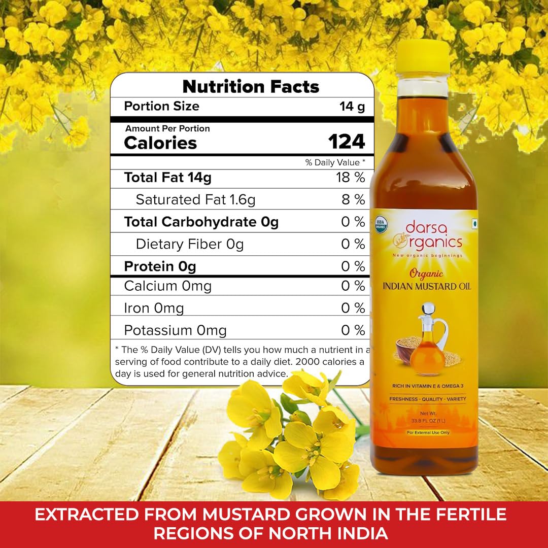 Darsa Organics Mustard Oil for Hair Growth, Skin and Massage, 33.8 oz (1000ml), USDA Organic Cold Pressed Mustard Seed Oil, Pure and Unrefined, Rich in Vitamin E and Omega 3
