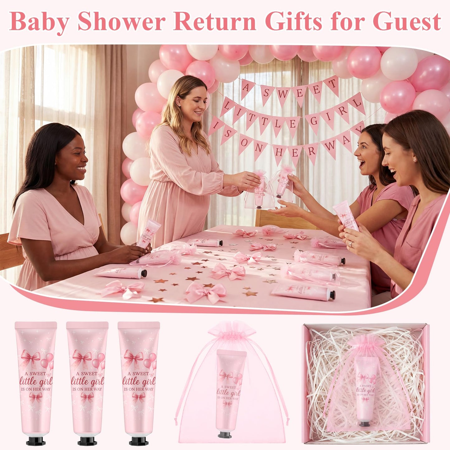 Swiffen 48 Sets Pink Bow Coquette Baby Shower a Sweet Little Girl Is on Her Way Hand Cream Gifts Bulk Travel Size Lotion Bulk Party Supplies Favors Birthday Baby Shower Party Favors