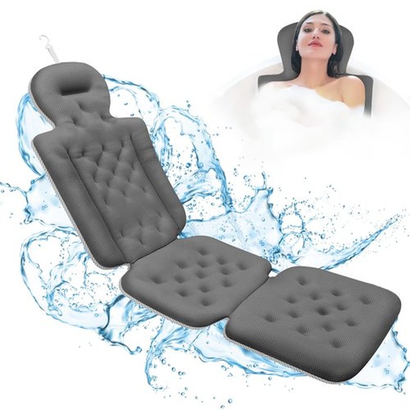 Full Body Bath Pillow for Bathtub, Bath Pillows for Tub with Powerful Non-Slip Suction Cups and Mesh Laundry Bag, Luxury Tub Pillow for Bath for Headrest Neck and Back Support Grey
