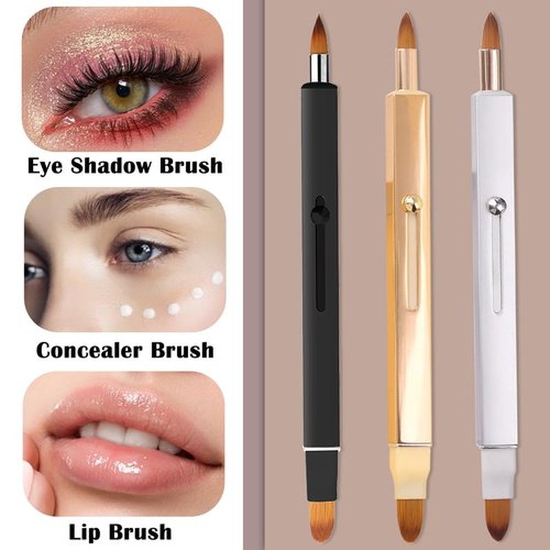 3 Pack Lip Brush for Lipstick Makeup Brushes Double-Ended Retractable Lip Brush with Cap Dustproof Lipstick Brush for Lipstick Gloss Creams Portable with Cap(Black + Gold + Silver)