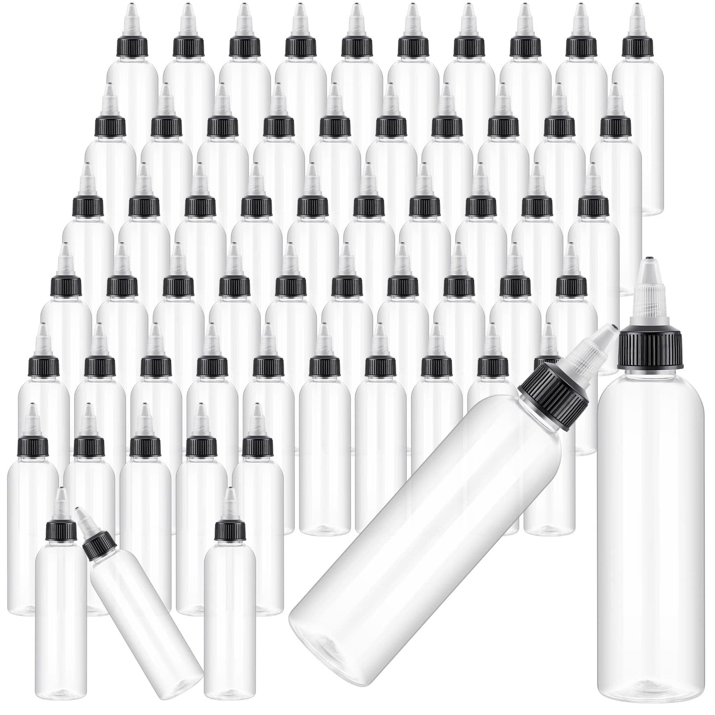 Irenare 100 Pcs 4 oz Plastic Squeeze Bottles Bulk Hair Oil Applicator Bottles Boston Empty Squeeze Condiment Bottle with Twist Top Cap Leak Proof for Liquids Oils Art Crafts Household Kitchen (Clear)