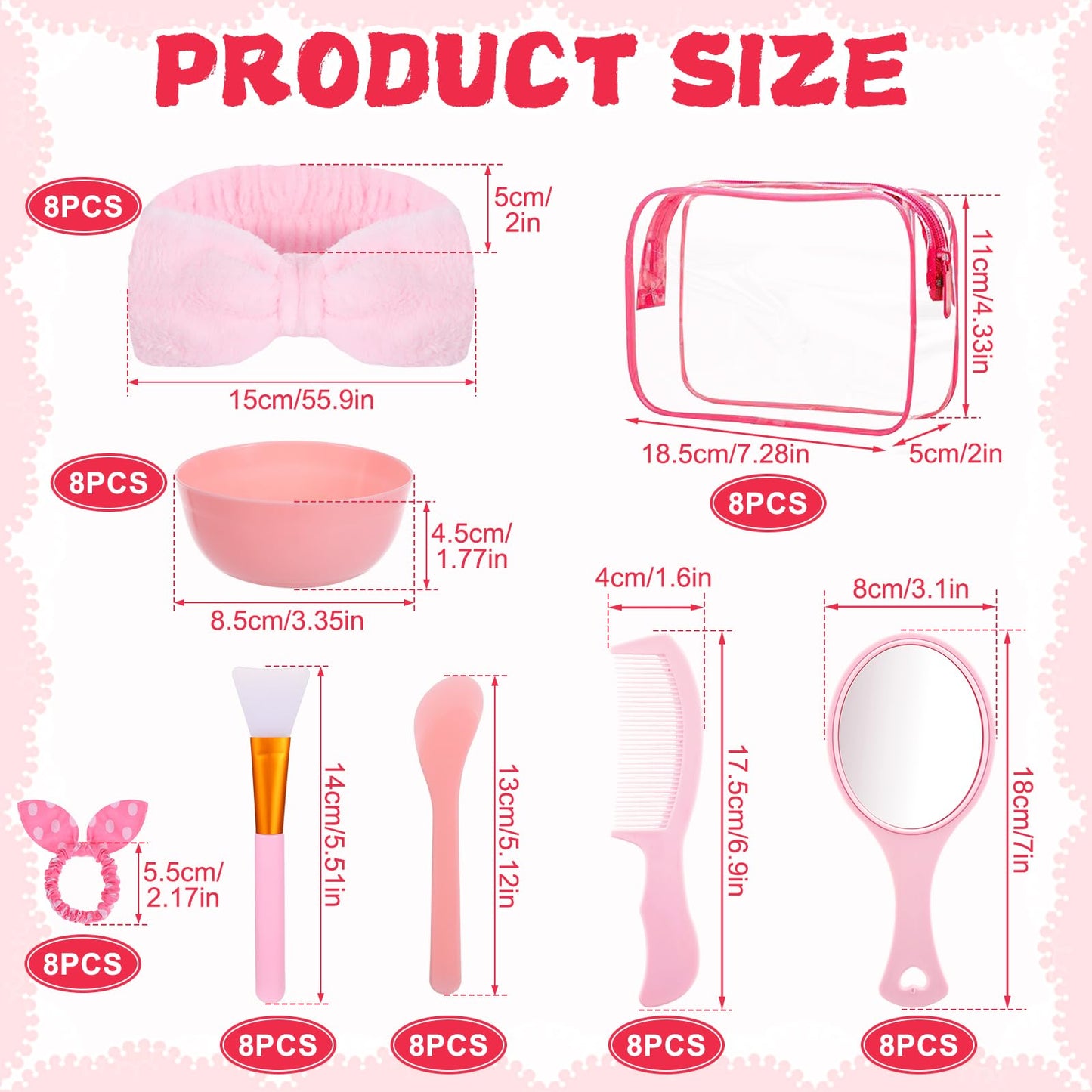 64 PCS Spa Sleepover Party Favor Supplies for Women Bulk, Include Pink Face Mask Mixing Bowl Sets, Handheld Mirrors, Combs, Headbands, Scrunchies, Cosmetic Bags for Slumber Party Supplies