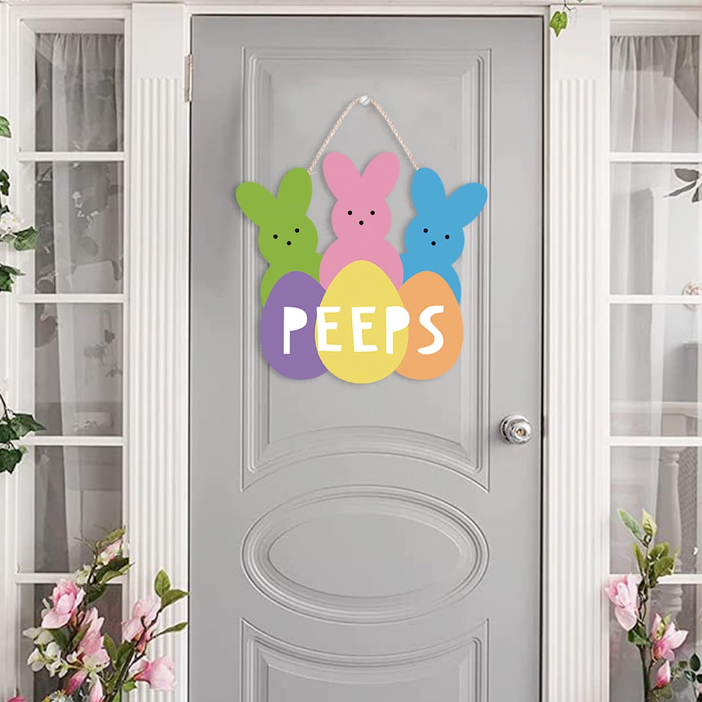 Easter Wreath Hanging Sign, Welcome Peeps Easter Door Decorations Cute Bunny Wood Hanger Wall Decor Home Window Farmhouse Door Sign Front Door
