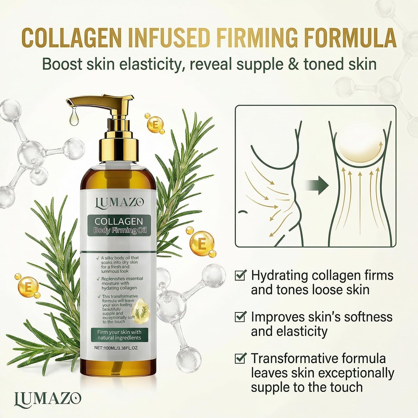 LUMAZO Collagen Oil, Collagen Oil For Body Skin Tightening, Lightweight Non-Greasy and Firms Skin With Natural Ingredients 3.38 Fl Oz (2PCS)