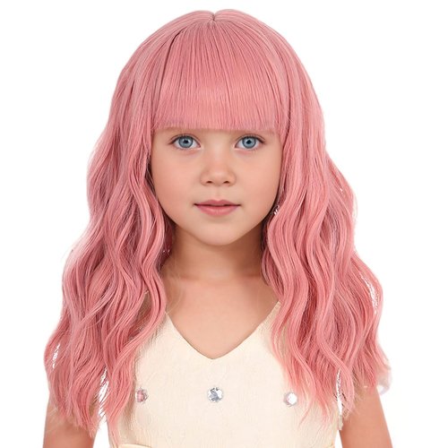 DUDUWIG Girls Pink Wig with Air Bangs Kids Short Lovely Pink Wavy Curly Wigs Child Light Pink Wig Synthetic Cosplay Hair Wig
