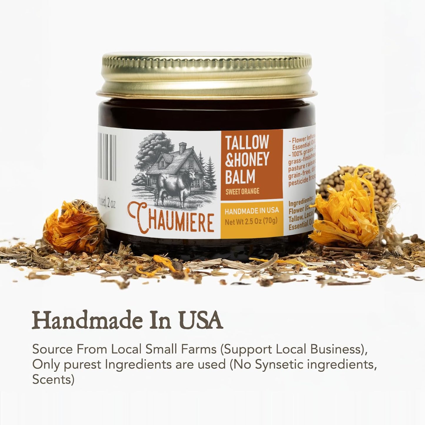 Chaumiere Herb Infused Organic Grass Fed Beef Tallow Honey Balm - Face Moisturizer with Raw Honey & Natural Herbs - Whipped Cream for Dry & Sensitive Skin - 2.5 oz (Sweet Orange)