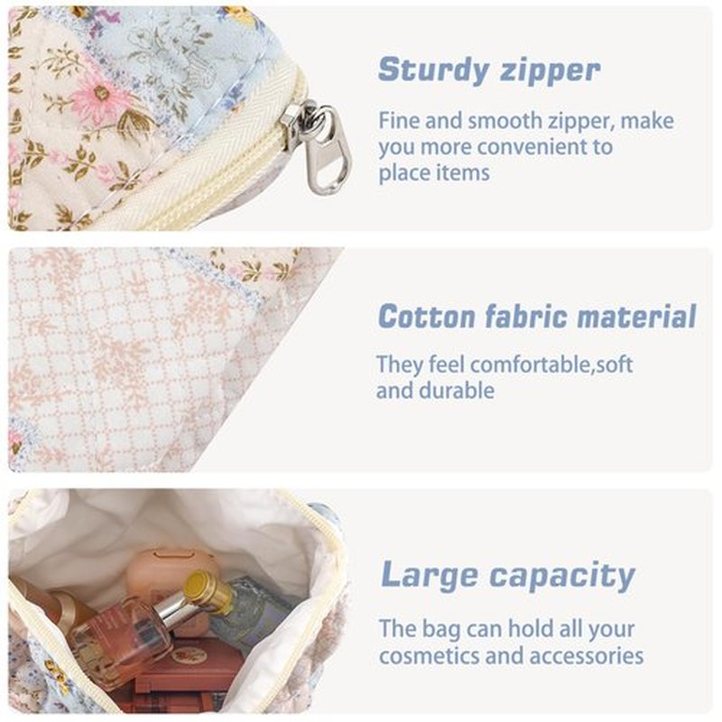 URSKYTOUS 3Pcs Cotton Quilted Makeup Bag for Women Girls Large Small Travel Floral Cosmetic Bags Set Cute Coquette Makeup Pouch for Purse Aesthetic Cloth Bee&Flower Storage Toiletry Bag Organizer