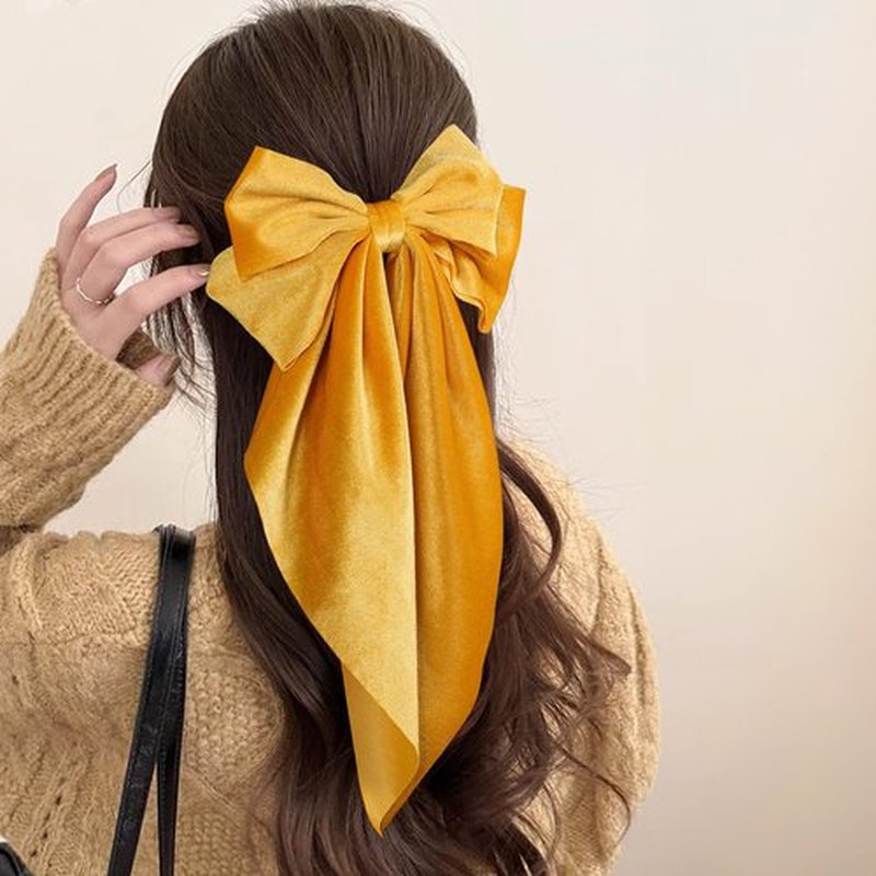 2pc Large Hair Bows for Women Girls Yellow Velvet Ribbon Hair Bow Clips with Long Tail French Barrette Hair Clamps Fall Winter Early Spring Hair Styling Accessories