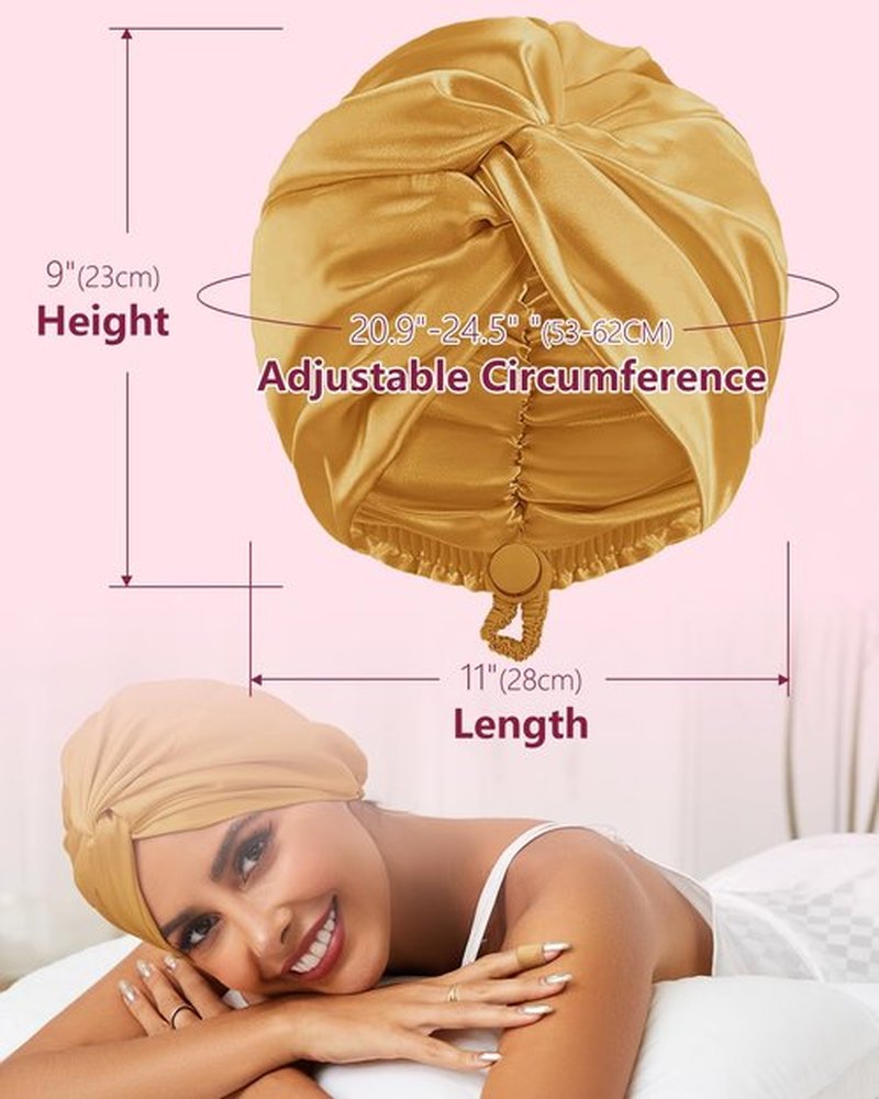 HFRHTGY Adjustable Silk Satin Hair Bonnet for Sleeping, Double Layer Hair Wrap Sleep Cap Turban for Women Men, Curly Straight Hair Long Large Braid Unisex (Golden Yellow 59)
