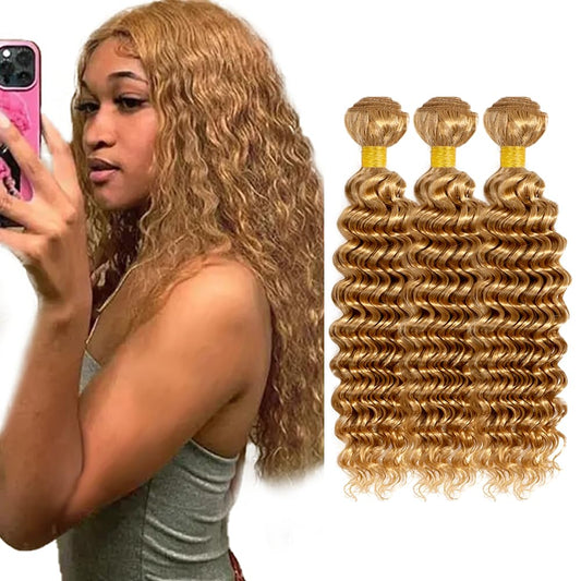 Blonde Deep Wave Human Hair Bundles #27 Human Hair Bundles 12 14 16 inch 3 Bundles Double Weft Honey Blonde Deep Wave Bundles 27 Wet and Wavy Bundles