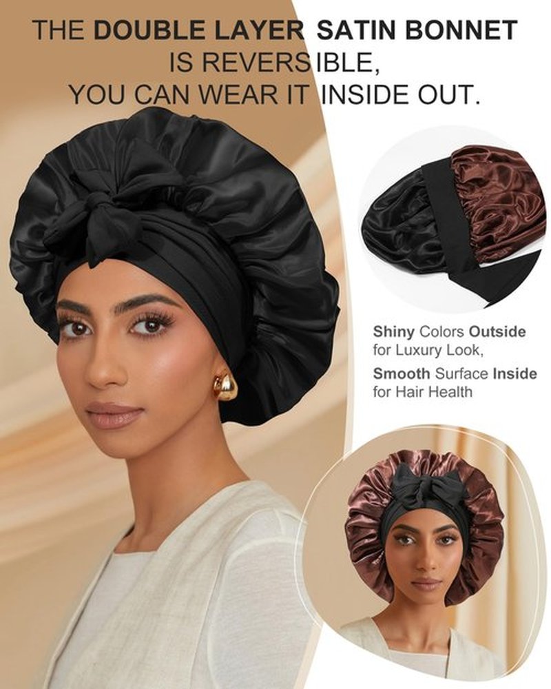 Satin Bonnet for Women Silk Bonnets for Sleeping Curly Hair Bonnet with Elastic Tie Band Reversible Double Layer Sleep Cap Hair Wrap (Black +Brown)