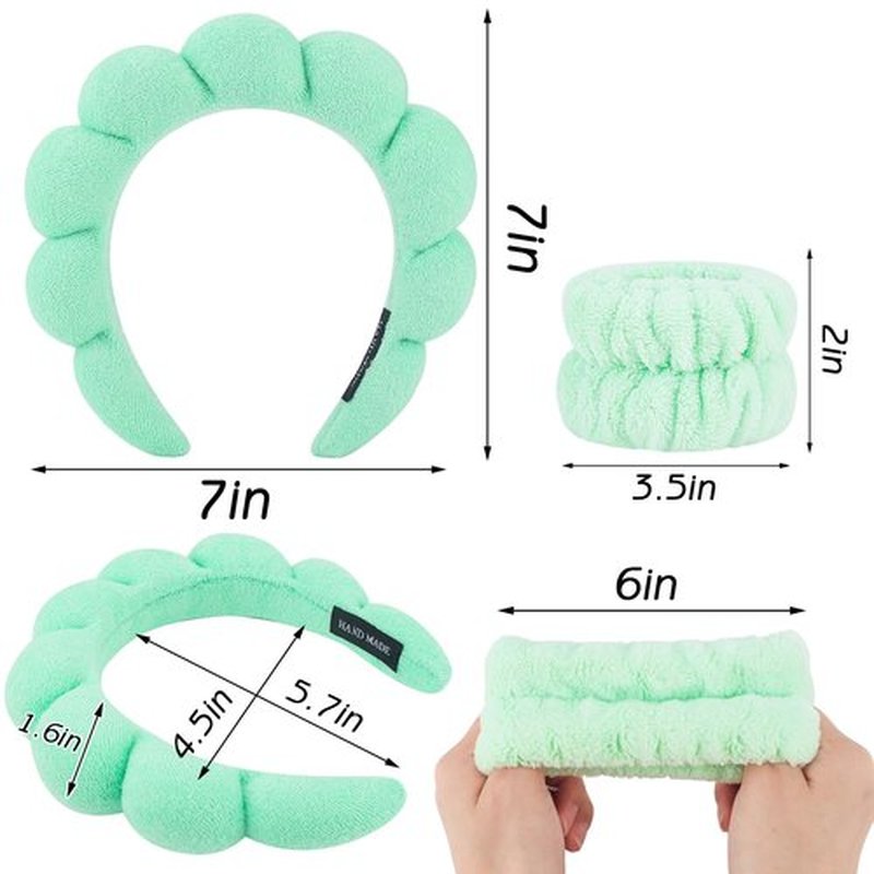 Zkptops Spa Headband for Washing Face Wristband Set Sponge Makeup Skincare Headband Wrist Towels Bubble Soft Hairband for Women Puffy Headwear Winter Non Slip Thick Thin Hair Accessory(Light Green-3)