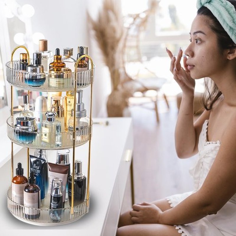 Zufudo Rotating Makeup Organizer 3 Tier Lazy Susan Trays Skincare Perfume Organizer for Bathroom Counter Vanity, Transparent