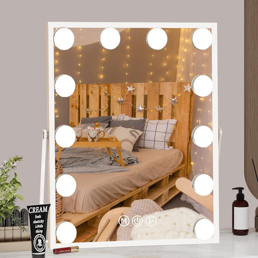 Nacvmry 10"x 12" Vanity Mirror with Lights, Hollywood Lighted Makeup Mirror with 3 Color Modes and 12 Dimmable Diamond LED Light Bulbs, Touch Control for Bedroom, White