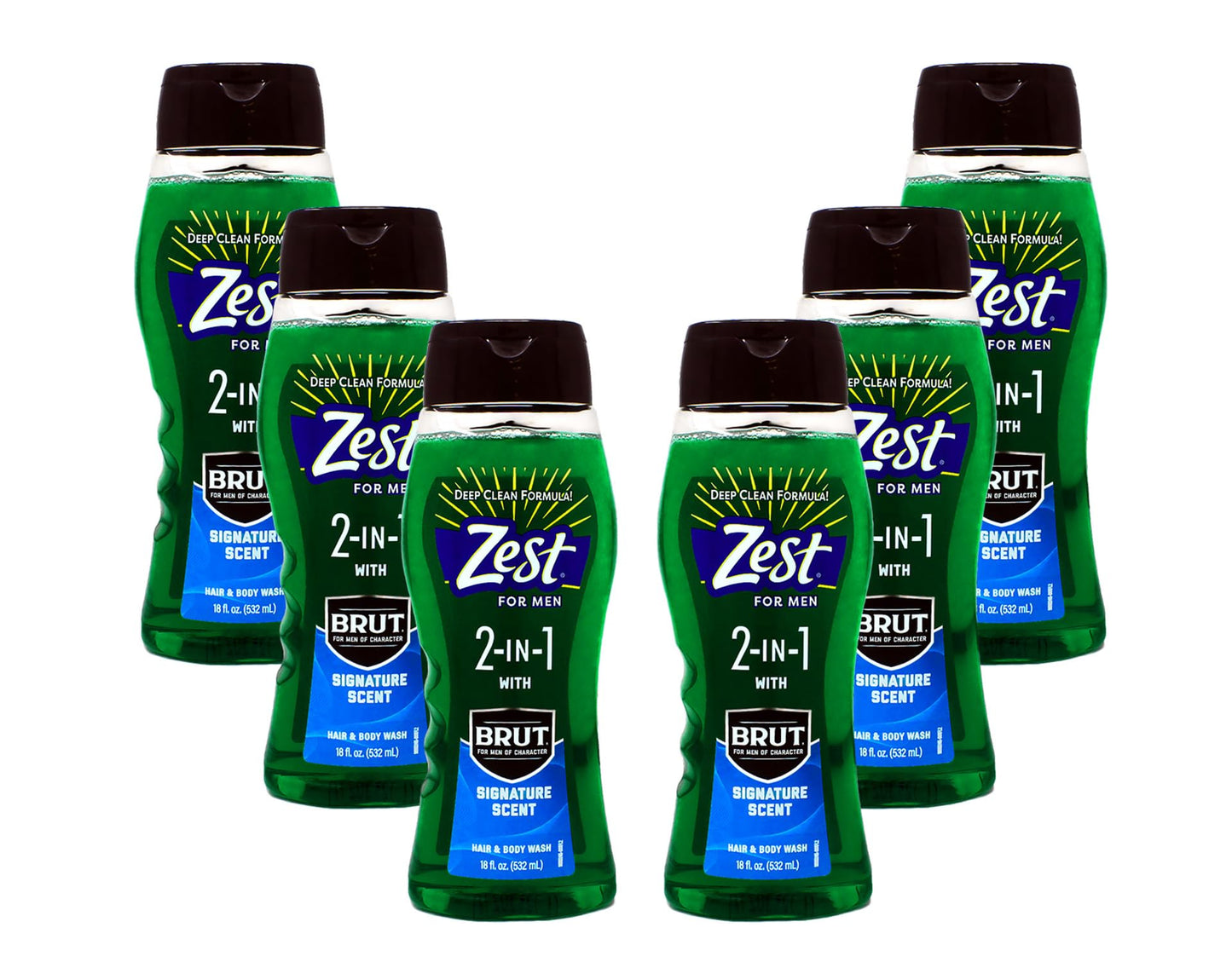 Zest 2-in-1 Hair & Body Wash for Men with BRUT Signature Scent, Deep Clean Formula, 18 fl oz (Pack of 6)