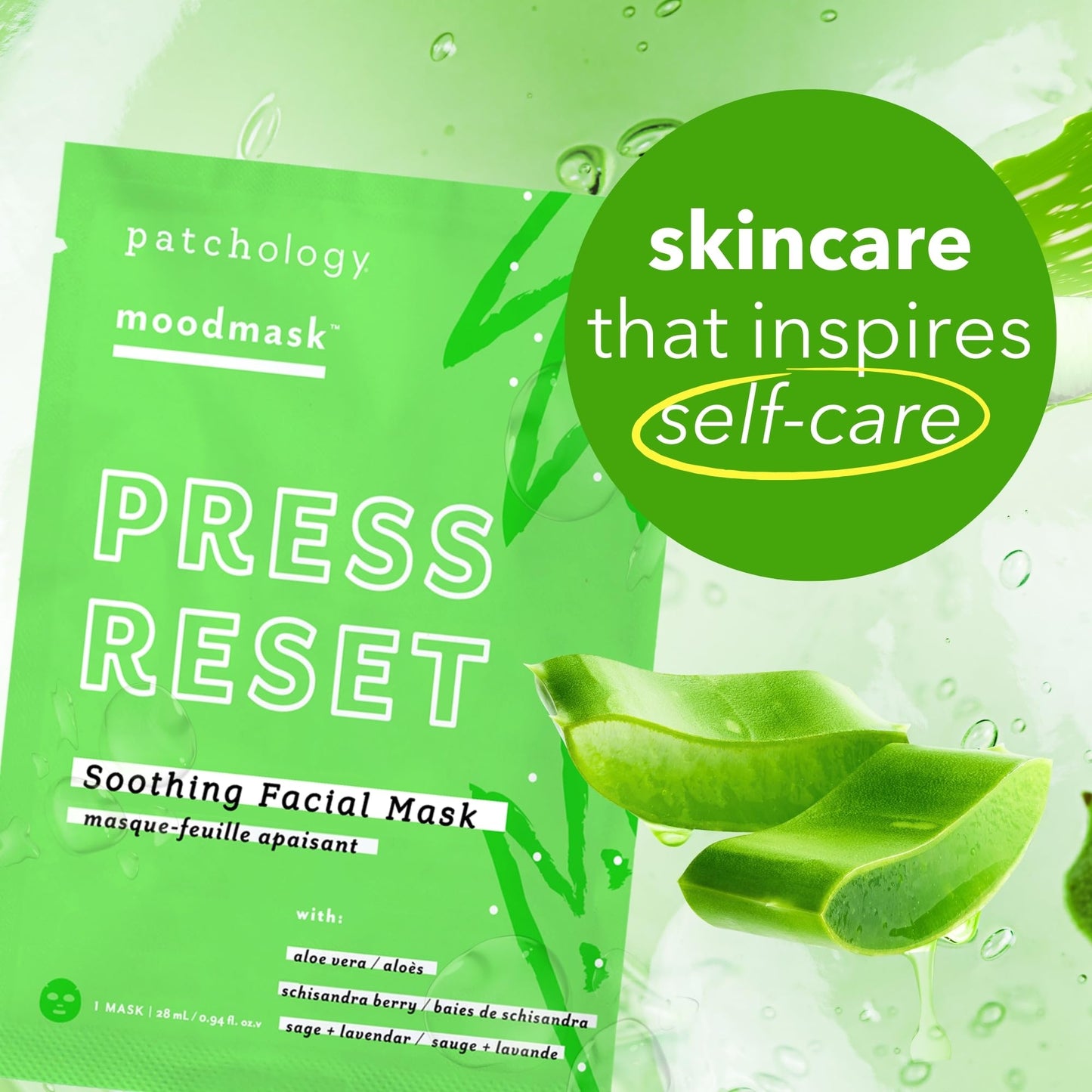 Patchology Press Reset Aloe Vera Face Mask - Moisturizing Facial Sheet Masks w/ Lavender & Vitamin B5 for Skin Relaxation & Revitalization - Ideal Skincare Solution for Sun-Exposed Skin (4 Count)