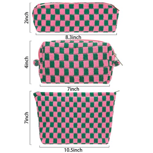 LYDZTION Large Capacity Makeup Bag Set - 3 Pieces Checkered Cosmetic Bag for Women Travel Makeup Bag Organizer Cute Makeup Brushes Storage Bag Travel Toiletry Bag,Green and Rose Red