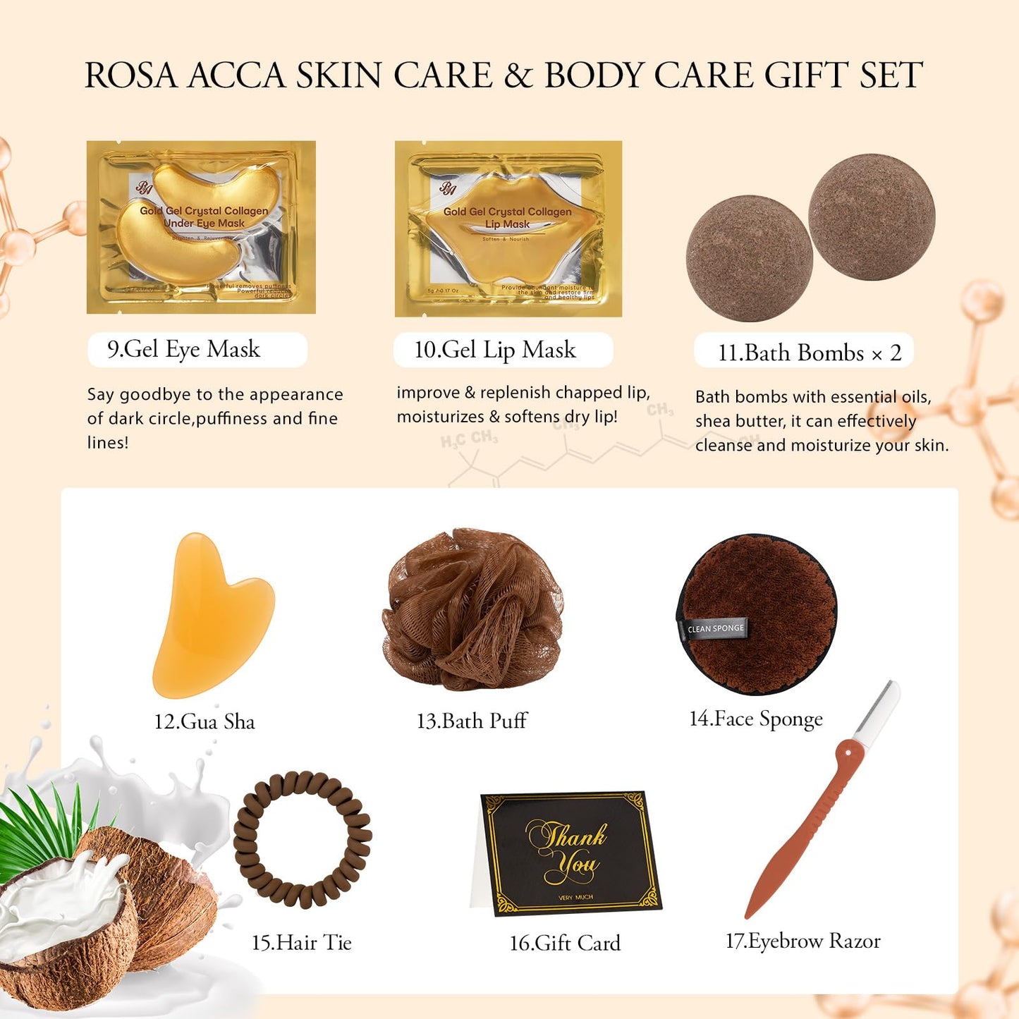 Coconut 23 Pcs Facial Skin Care Kit For Women & Men, Self-Care Gift Set, Spa Relaxation Kit, Face Sheet Mask, Serum, Clay Mask, Birthday, Christmas, Valentines, Mother Day, Dad, All Occasion Present