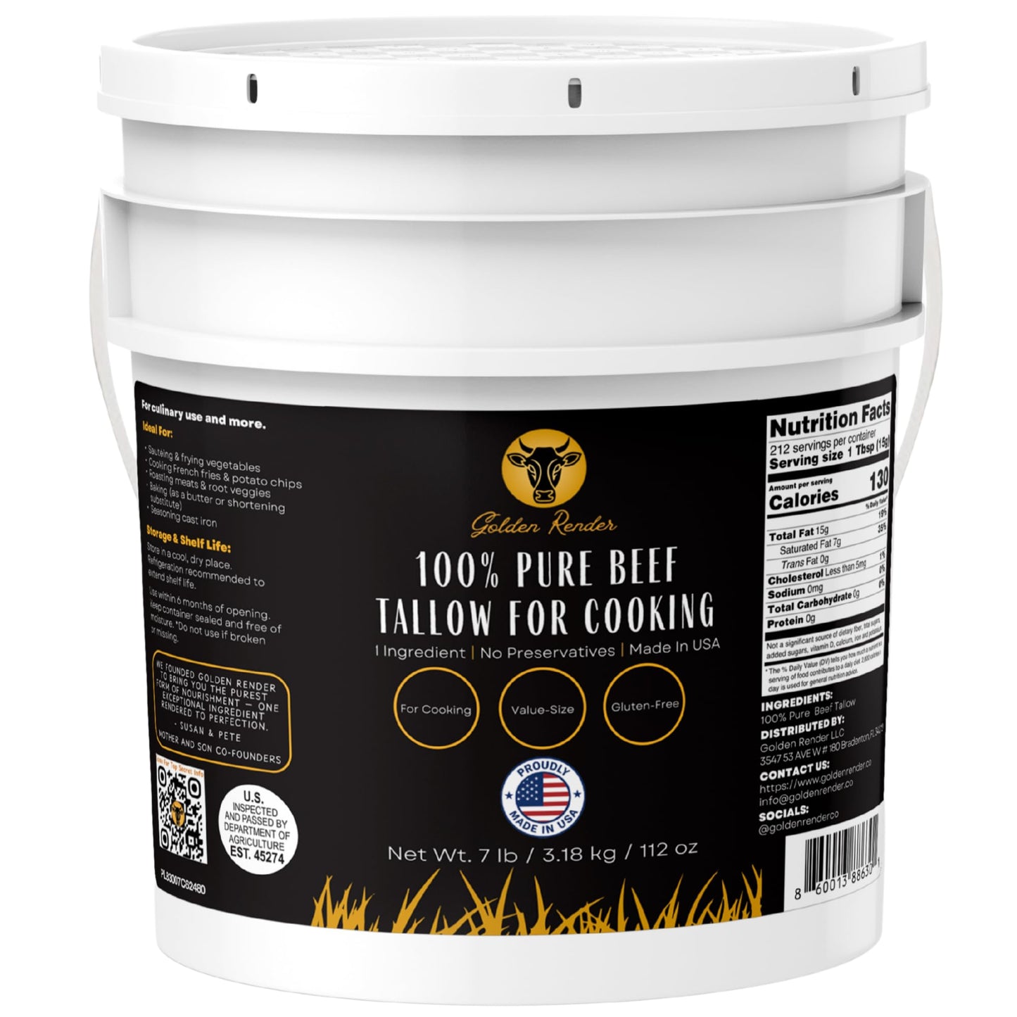 100% Pure Beef Tallow for Cooking & Deep Frying - 7lb Bulk Size - Food Grade Non-GMO | Nose to Tail | Made in USA | Gluten-Free | Great For Roasting, Baking, Cast Iron Seasoning, Candles, & Soap