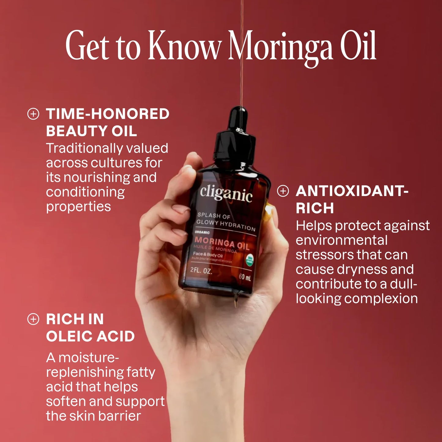 Cliganic Organic Moringa Oil (2oz), 100% Pure - For Face & Hair | Natural Cold Pressed (Packaging May Vary)