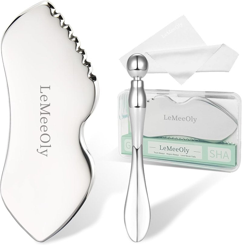 Gua Sha Facial Tools Set - Stainless Steel 2-Piece Gua Sha for Face & Neck | Lymphatic Drainage Massage Tool