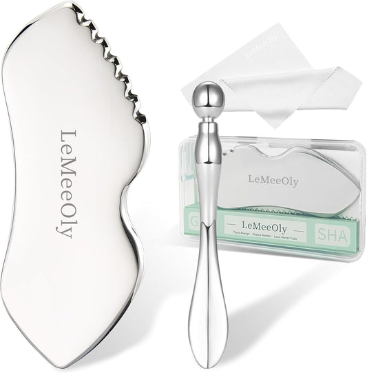 Gua Sha Facial Tools Set - Stainless Steel 2-Piece Gua Sha for Face & Neck | Lymphatic Drainage Massage Tool