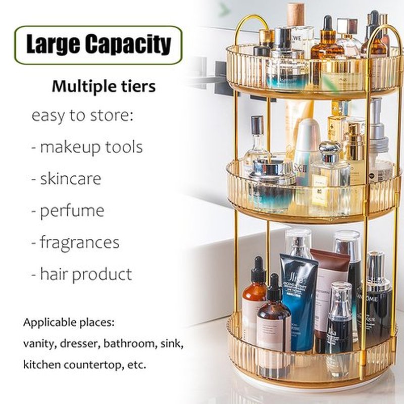 Zufudo Rotating Makeup Organizer 3 Tier Lazy Susan Trays Skincare Perfume Organizer for Bathroom Counter Vanity, Amber Gold